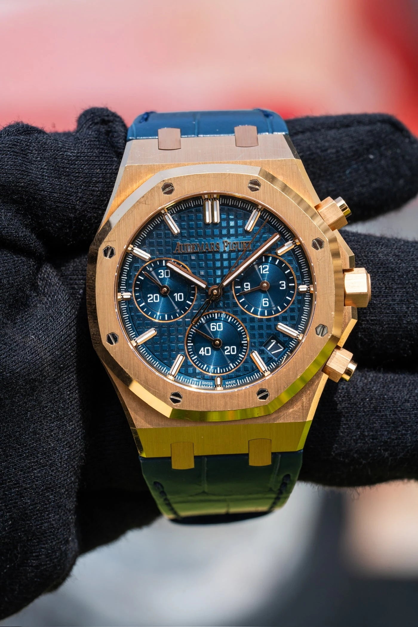 Audemars Piguet Royal Oak chronograph with a blue dial and gold colored case