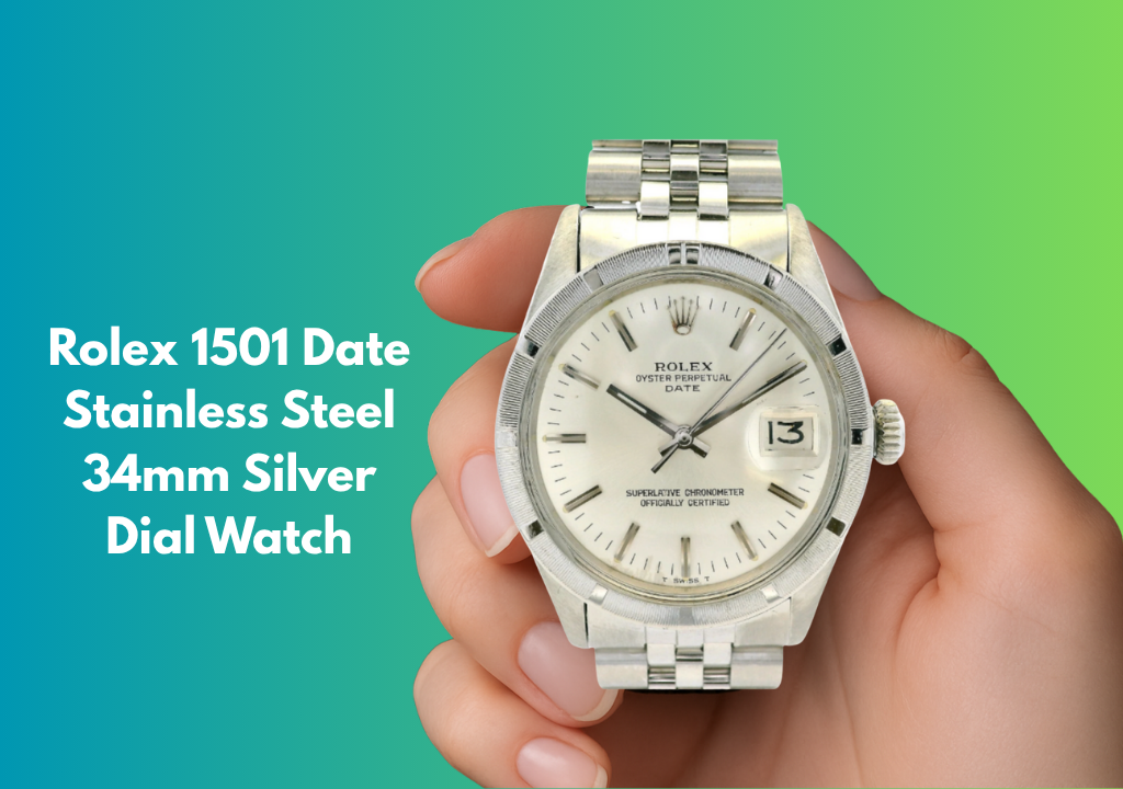 Hand holding a Rolex 1501 Date Stainless Steel 34mm Silver Dial Watch against a green gradient background, showcasing the luxury timepiece’s polished case and classic design.
