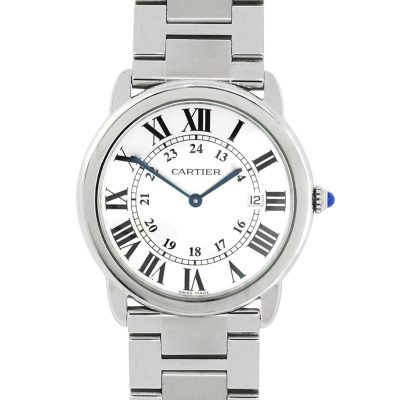 Cartier Ronde Solo with a light Roman numeral dial, blue hands and metal bracelet