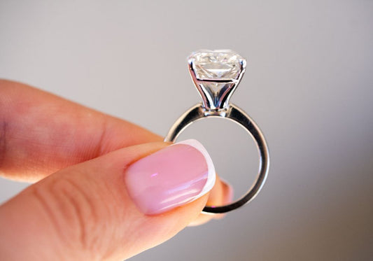 Side view of a solitaire ring held between fingers.
