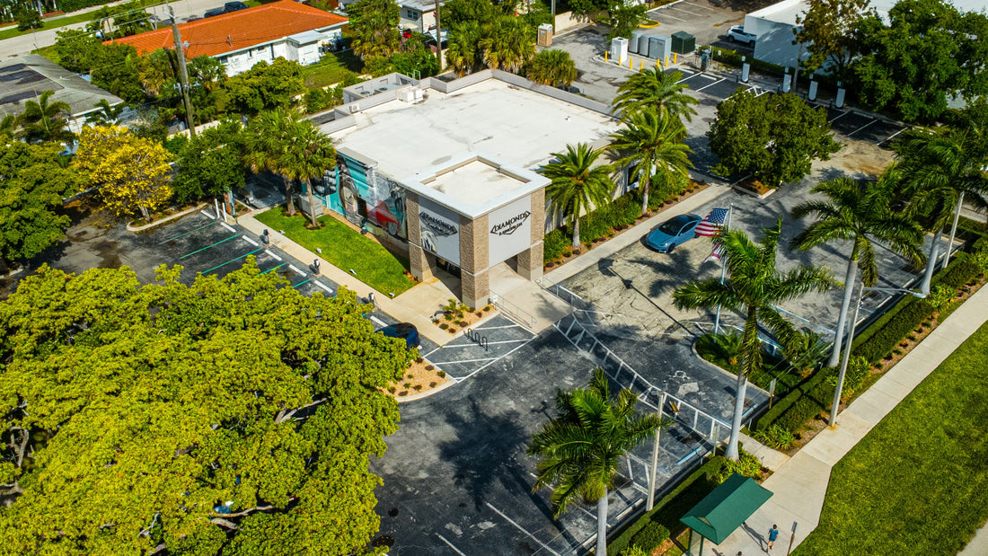 An aerial view of the showroom property and surrounding streets.