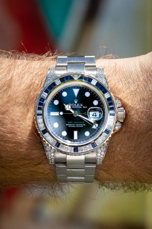 gmt-master II sapphire and diamond on the wrist