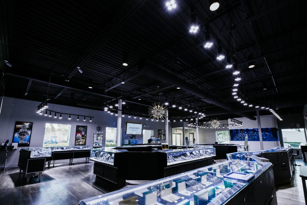 Jewelry and watch displays inside the Diamonds by Raymond Lee showroom.