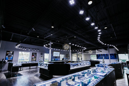 Jewelry and watch displays inside the Diamonds by Raymond Lee showroom.