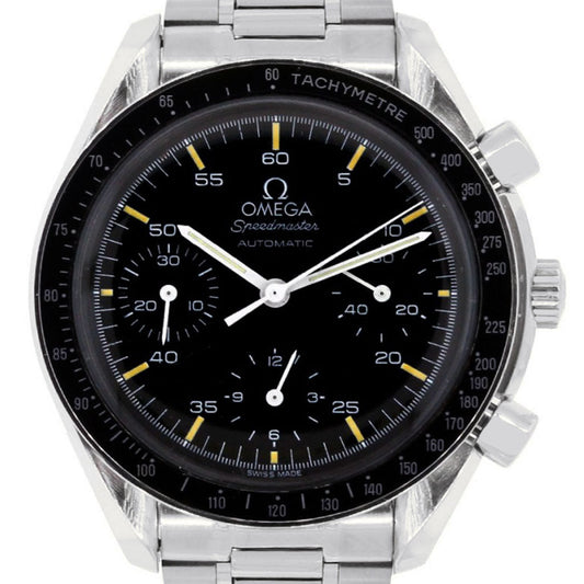Omega Speedmaster chronograph with a black dial and metal bracelet.