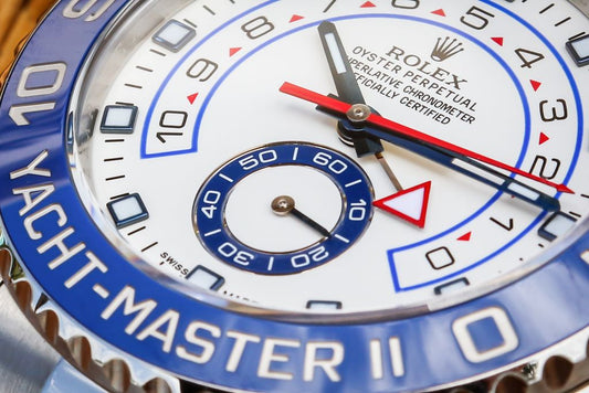 Close view of a Rolex Yacht Master II dial and blue bezel.