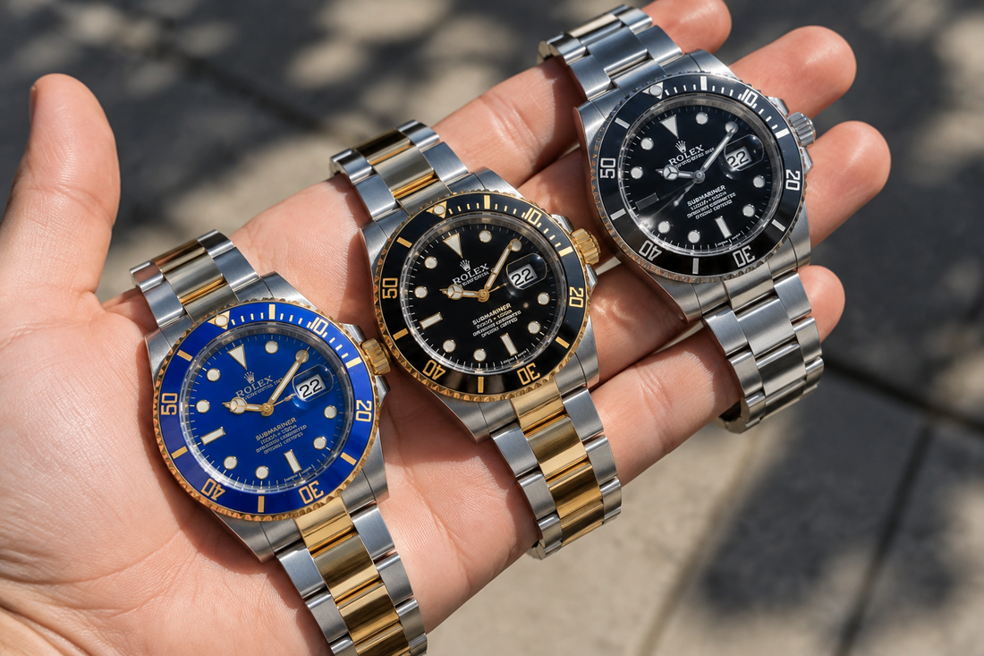 Three Rolex Submariner watches with blue and black dials.