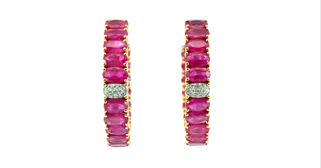 14K Yellow Gold Ruby and Diamond Hoop Earrings
