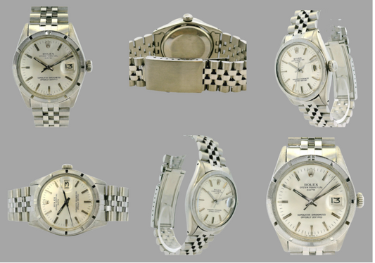 A collage showing the dial, case and bracelet of a Rolex Date watch.