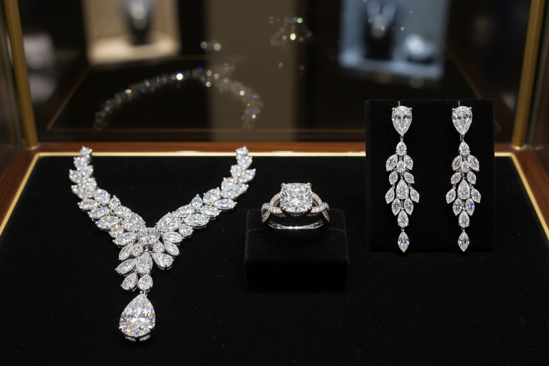 Necklace, ring and drop earrings arranged together in a display