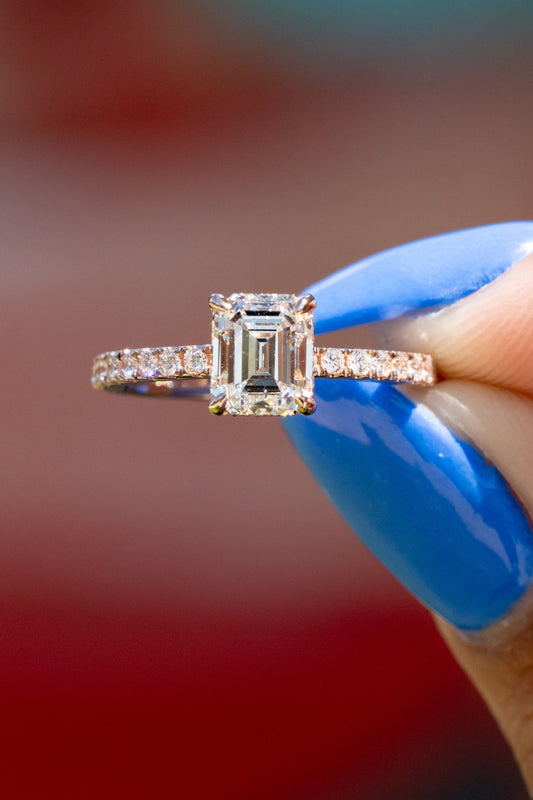 Emerald Cut Diamond Ring with Hidden Halo and Eternity Band