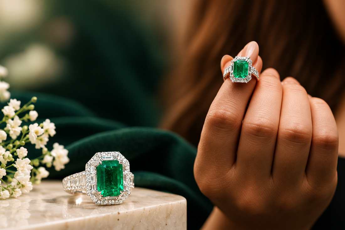 Two views of a rectangular green center ring with a clear stone halo.