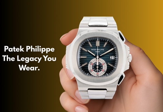 Close-up of a hand holding a silver Patek Philippe Nautilus chronograph watch. The text “Patek Philippe – The Legacy You Wear” highlights its luxury heritage.