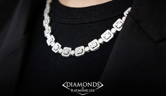 A clear stone necklace worn over a black top, illustrating jewelry beyond rings.