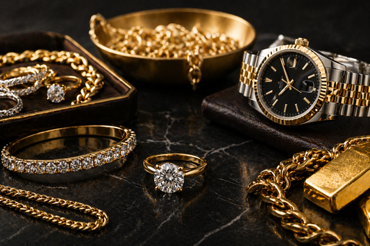 A promotional arrangement of a watch, rings, chains and gold colored bars.