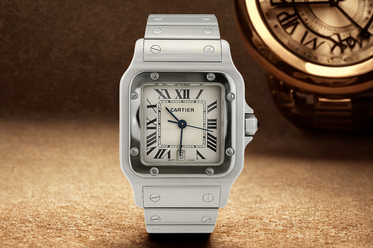 Cartier Santos stainless steel watch with Roman numeral dial and blue hands displayed on a brown luxury background.