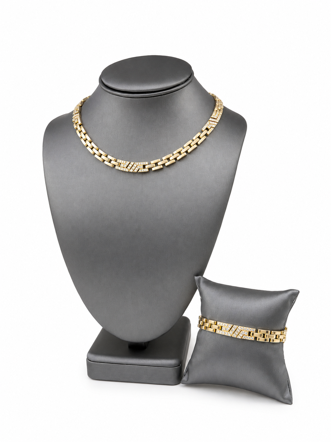 Vintage Cartier 18k Yellow Gold Pavé Diamond Panthère Link Bracelet and Necklace Set