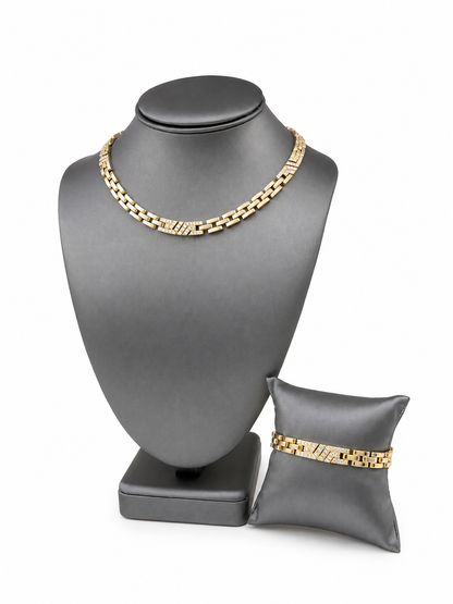 Vintage Cartier 18k Yellow Gold Pavé Diamond Panthère Link Bracelet and Necklace Set