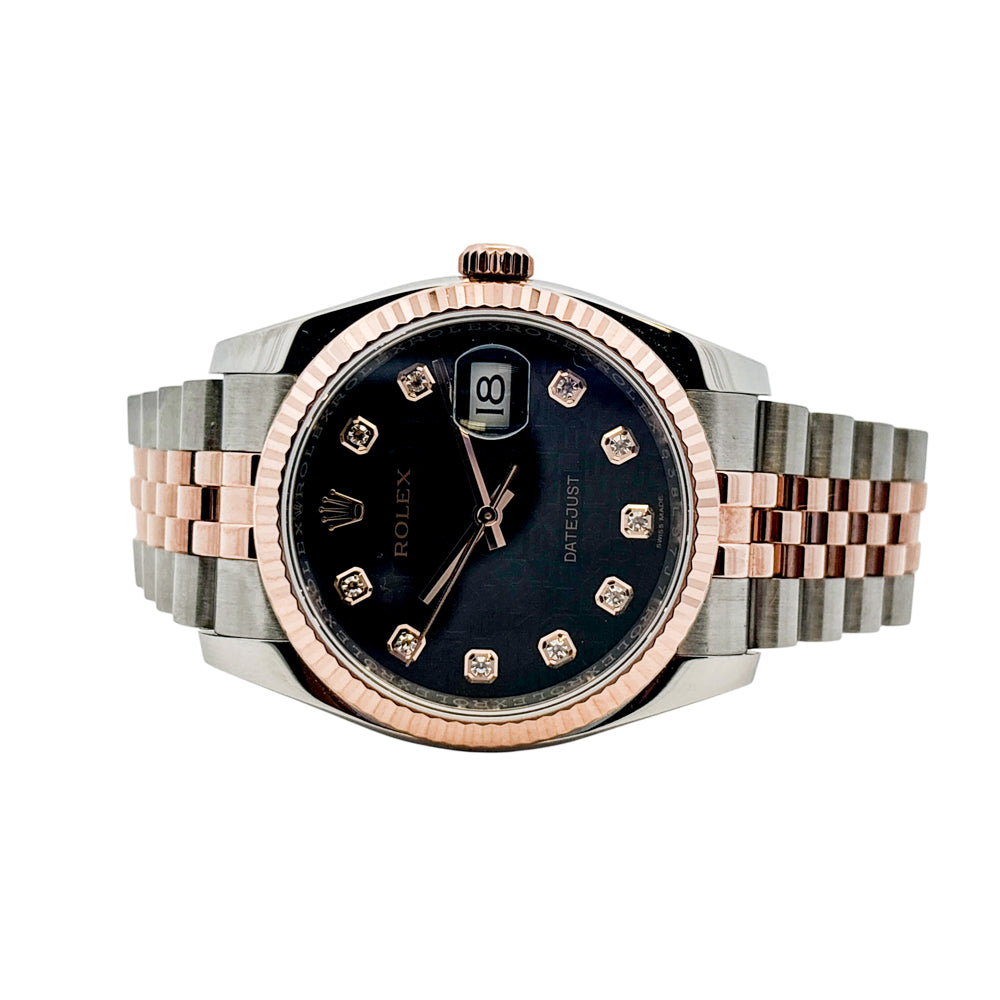 Rolex 116231 Datejust Two Tone 18k Rose Gold Black Rolex Pyramid Diamond Dial Watch