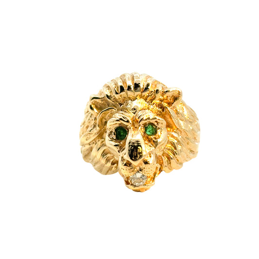 14k Yellow Gold Lion's Head Ring with Emerald Eyes and One Round Diamond in Mouth