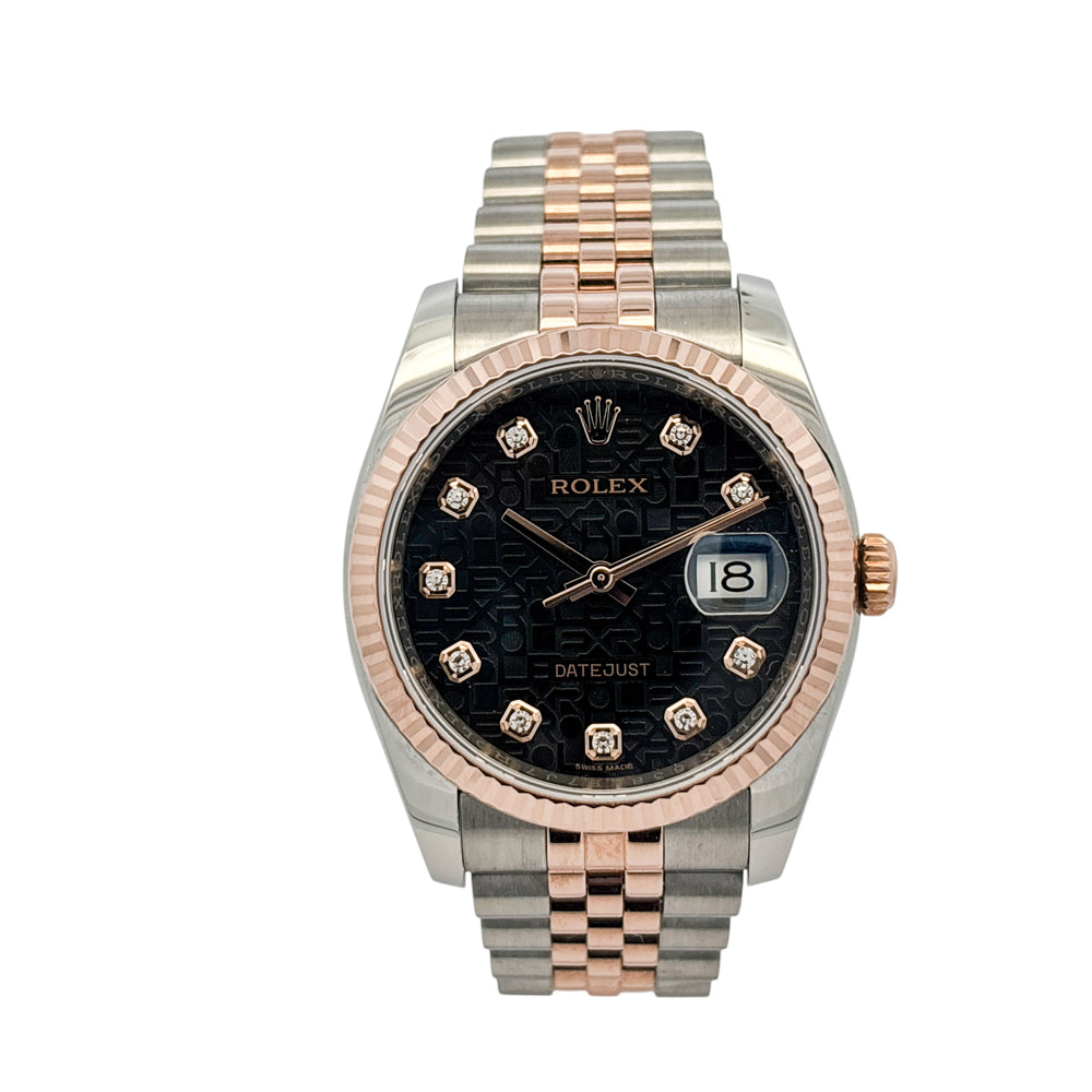 Rolex 116231 Datejust Two Tone 18k Rose Gold Black Rolex Pyramid Diamond Dial Watch