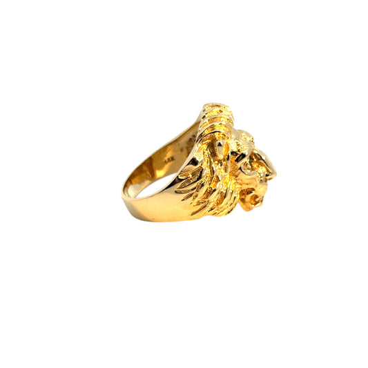 14k Yellow Gold Lion's Head Ring with Emerald Eyes and One Round Diamond in Mouth