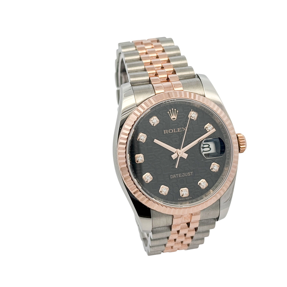 Rolex 116231 Datejust Two Tone 18k Rose Gold Black Rolex Pyramid Diamond Dial Watch