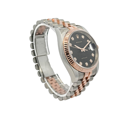 Rolex 116231 Datejust Two Tone 18k Rose Gold Black Rolex Pyramid Diamond Dial Watch