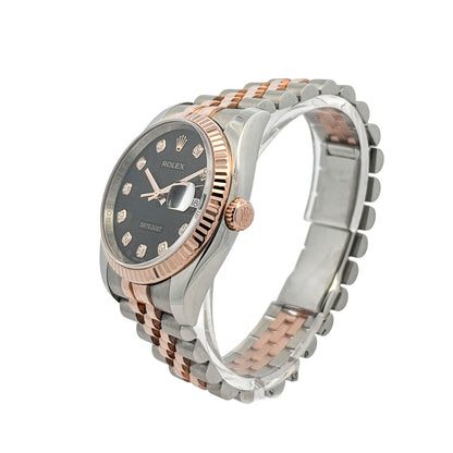 Rolex 116231 Datejust Two Tone 18k Rose Gold Black Rolex Pyramid Diamond Dial Watch