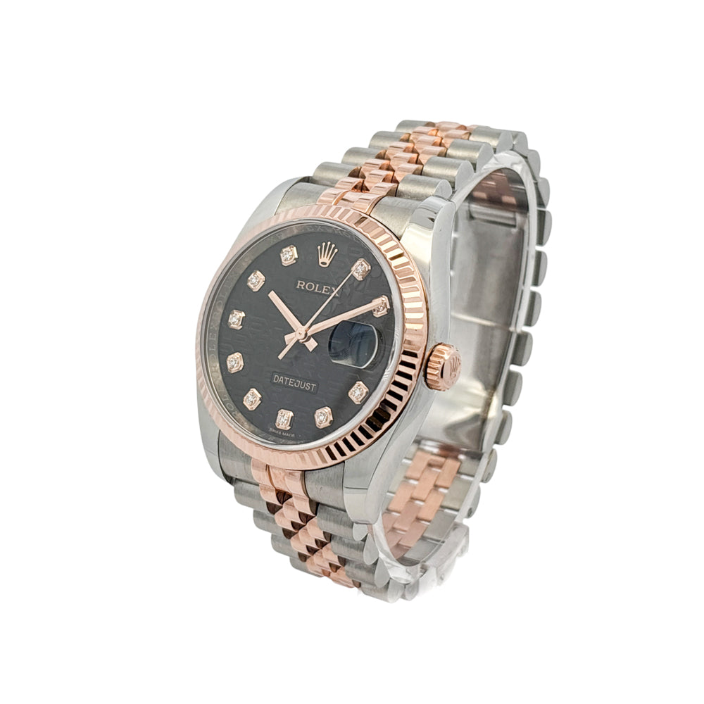 Rolex 116231 Datejust Two Tone 18k Rose Gold Black Rolex Pyramid Diamond Dial Watch