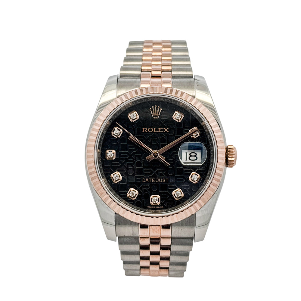 Rolex 116231 Datejust Two Tone 18k Rose Gold Black Rolex Pyramid Diamond Dial Watch