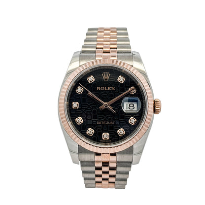 Rolex 116231 Datejust Two Tone 18k Rose Gold Black Rolex Pyramid Diamond Dial Watch