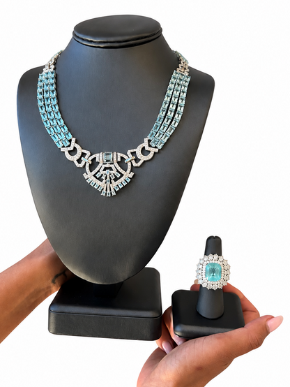 18k White Gold GIA 15.79ct Tourmaline Ring and 108.75ctw Aquamarine Geometric Necklace