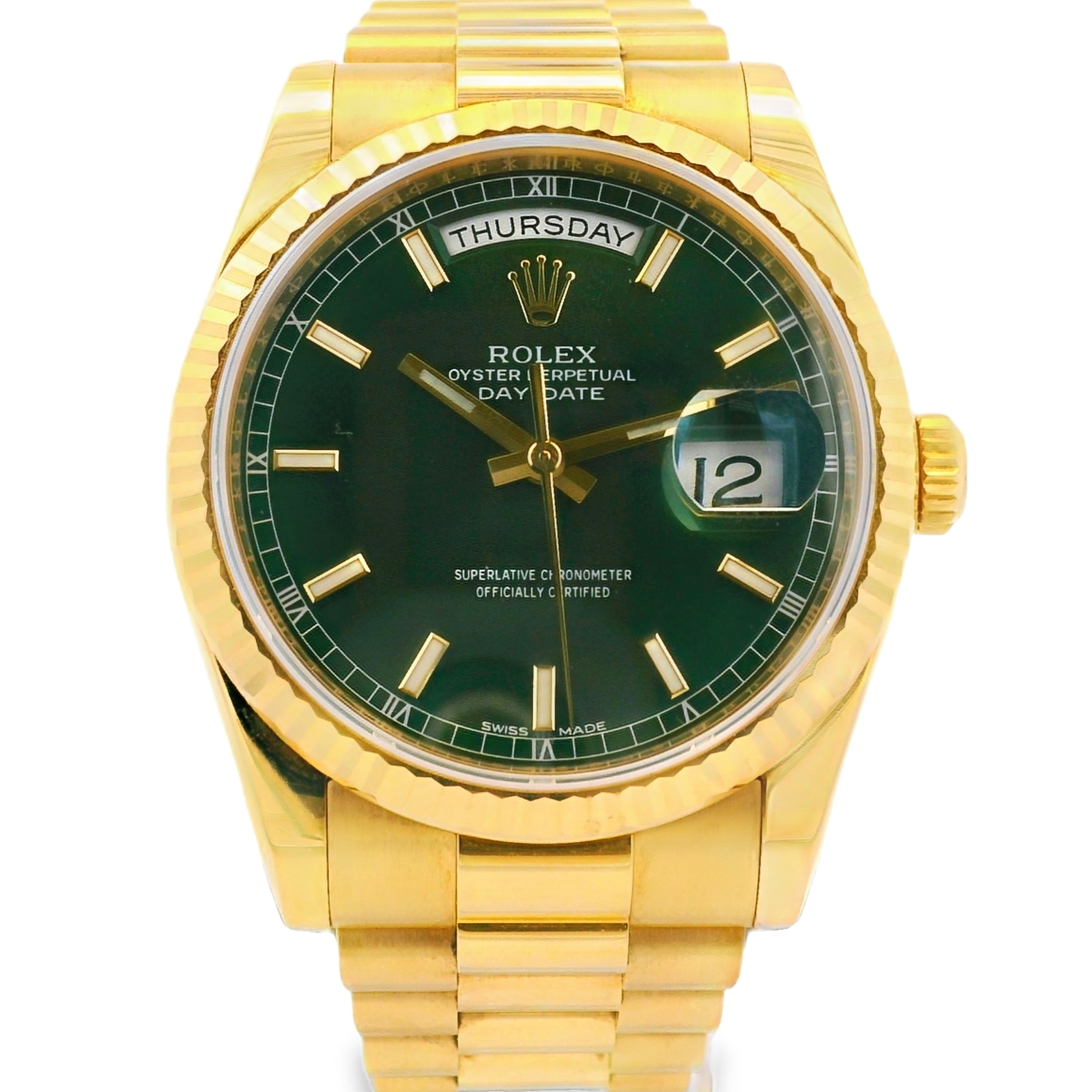 Rolex 118238 Day-Date 18k Yellow Gold Green Dial Presidential Watch