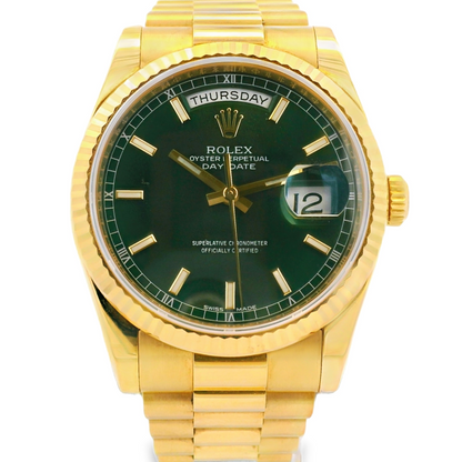 Rolex 118238 Day-Date 18k Yellow Gold Green Dial Presidential Watch