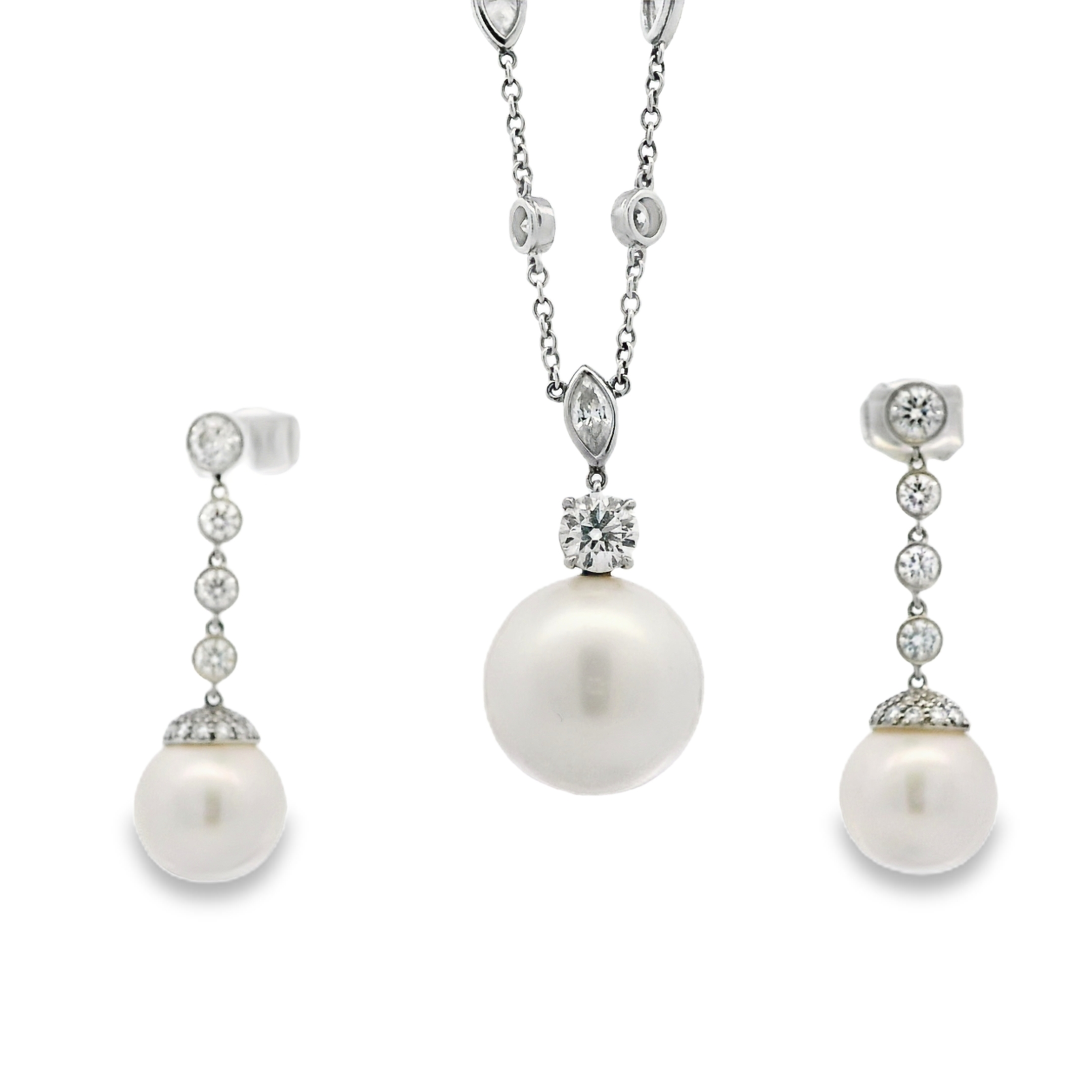 Tiffany &Co One Of A Kind Platinum Pearl Drop Earrings & Diamond By The Yard Necklace Set