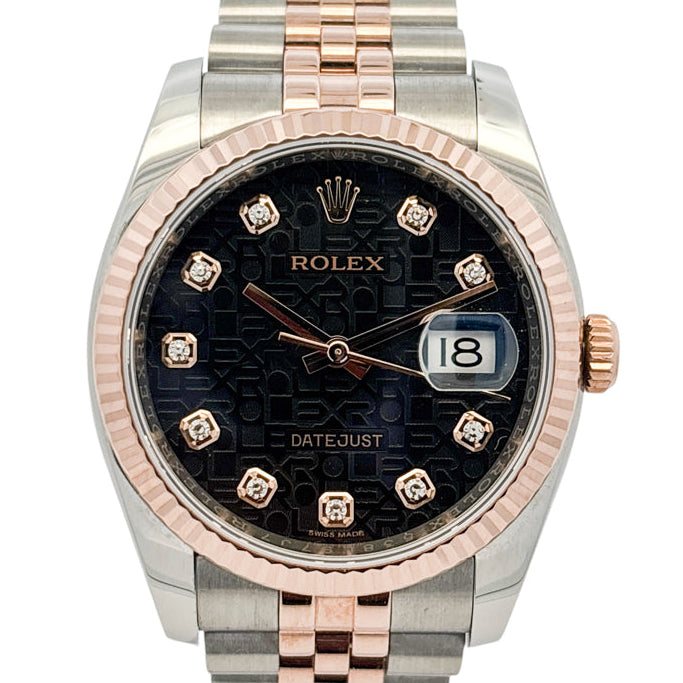 Rolex 116231 Datejust Two Tone 18k Rose Gold Black Rolex Pyramid Diamond Dial Watch