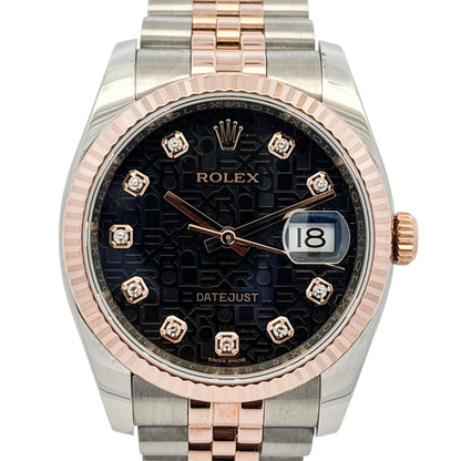 Rolex 116231 Datejust Two Tone 18k Rose Gold Black Rolex Pyramid Diamond Dial Watch