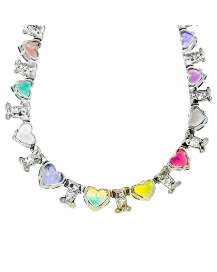 18k White Gold 54.60ct GIA Certified Diamond and Heart Shaped Multi-Color No Heat Sapphire Necklace