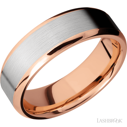 7 mm wide/Beveled/14K Rose Gold band with one 5 mm Centered inlay of 14K White Gold.