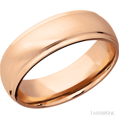 7 mm wide Domed Stepped Down Edges 14K Rose Gold band.
