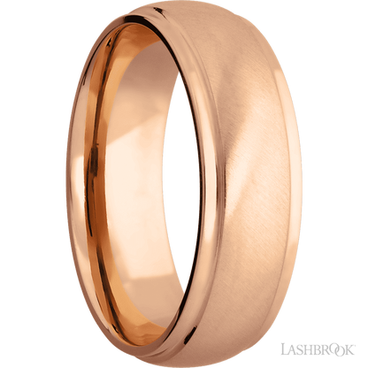 7 mm wide Domed Stepped Down Edges 14K Rose Gold band.