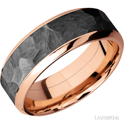 8 mm wide/High Bevel/14K Rose Gold band with one 5 mm Centered inlay of Zirconium.