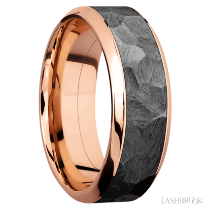 8 mm wide/High Bevel/14K Rose Gold band with one 5 mm Centered inlay of Zirconium.