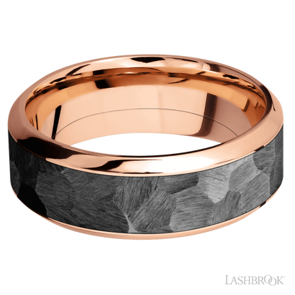 8 mm wide/High Bevel/14K Rose Gold band with one 5 mm Centered inlay of Zirconium.