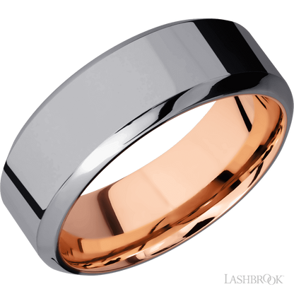 8 mm wide High Bevel Tantalum band featuring a 14K Rose Gold sleeve.