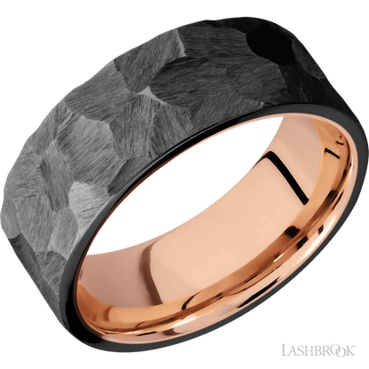 8 mm wide Flat Zirconium band featuring a 14K Rose Gold sleeve.