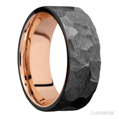 8 mm wide Flat Zirconium band featuring a 14K Rose Gold sleeve.