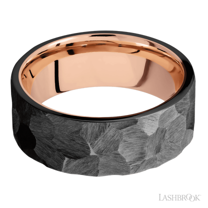 8 mm wide Flat Zirconium band featuring a 14K Rose Gold sleeve.