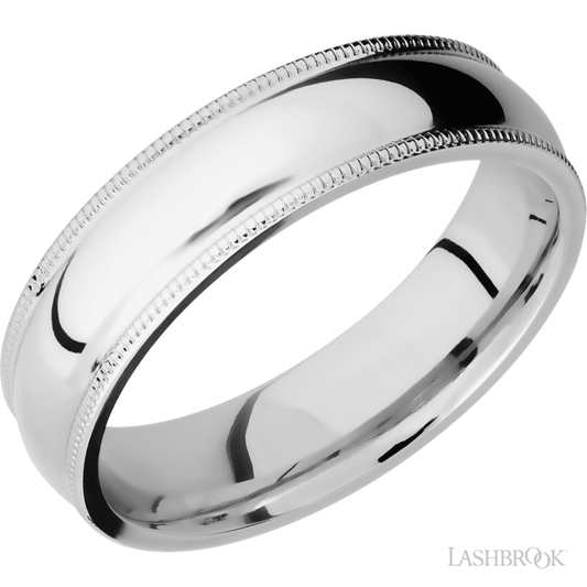 6 mm wide Domed Milgrain Edges 14K White Gold band.